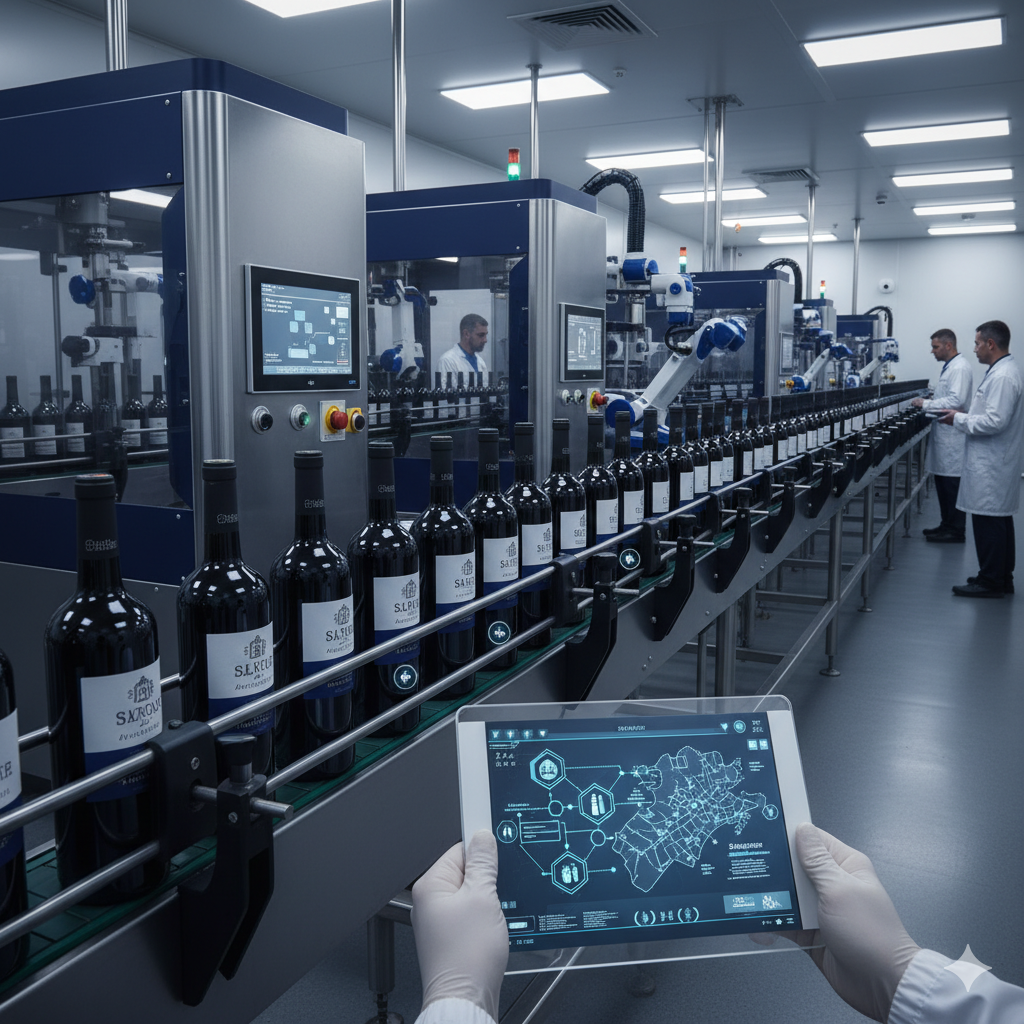 Linea imbottigliamento vino con tag NFC e diagramma blockchain su tablet