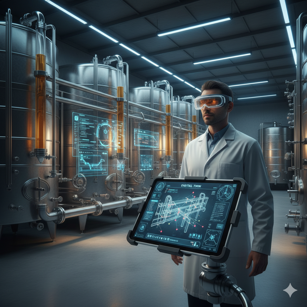 Cantina ipertecnologica 2026 con serbatoi inox enologo con visore AR e tablet Digital Twin