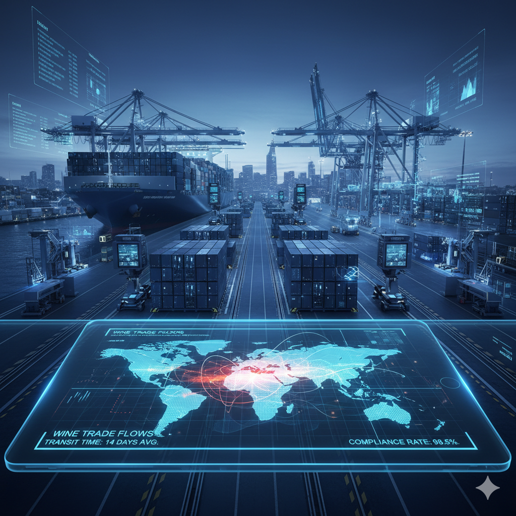 Centro logistico portuale automatizzato con tablet mappa flussi vino tra Europa e USA per supply chain 2026