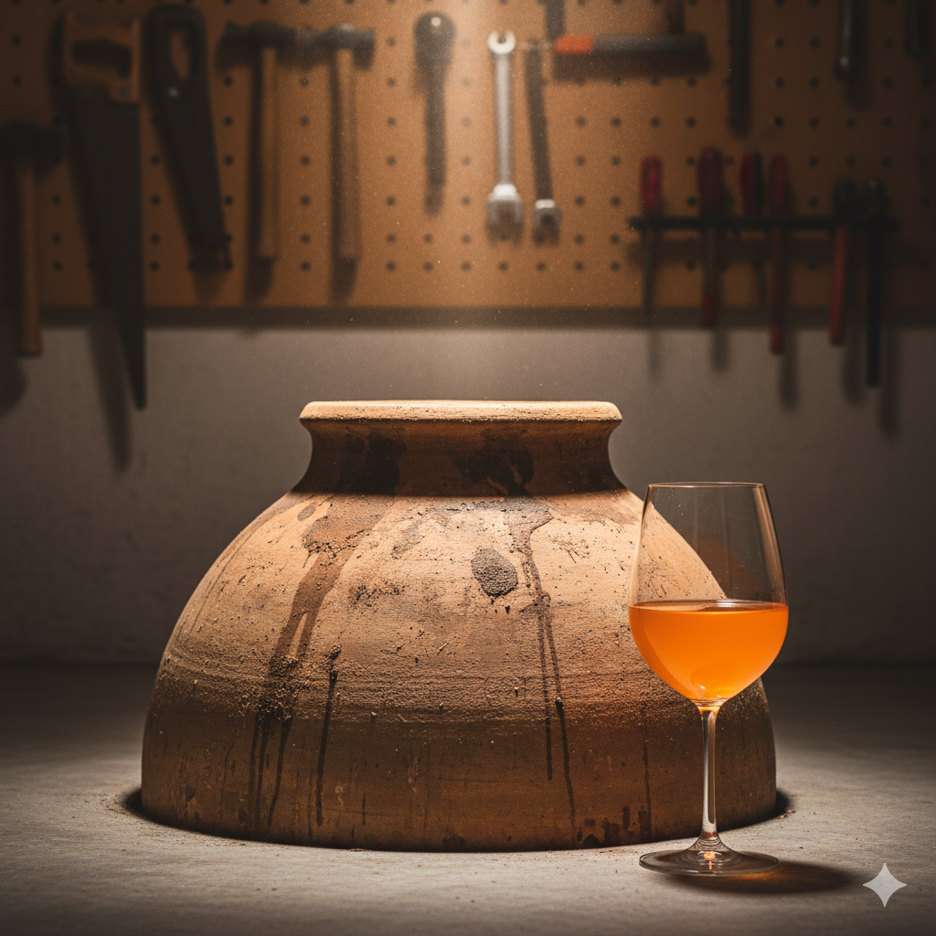 Anfora di terracotta interrata con calice di orange wine - vino in anfora naturale